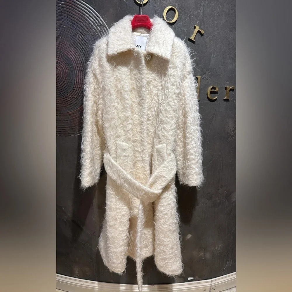 Day Birger et Mikkelsen white distressed wool blend pea coat size EU 38 NWT